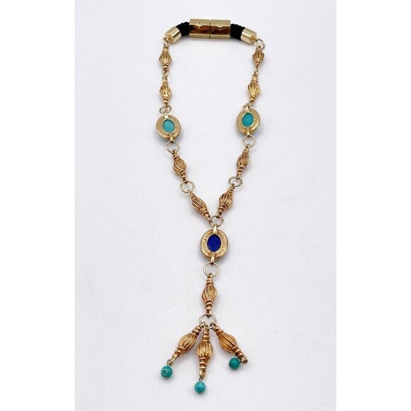 Signed Holst + Lee Gold Tone Turquoise Blue Cabochon Y Drop Necklace Statement - Picture 8 of 9